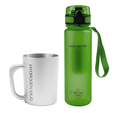 Водородная кружка Vione Hydrogen Mug серая + минеральная бутылка Vione Mineral Bottle Sport зеленая